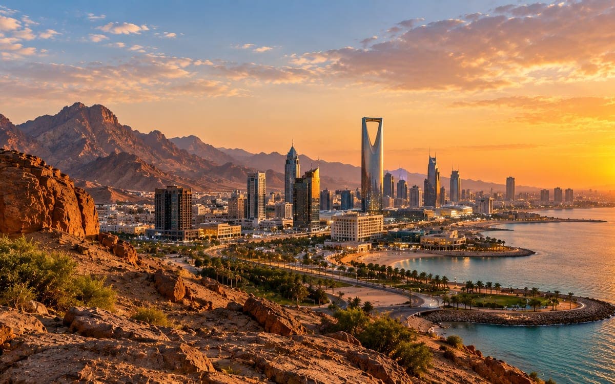 City skyline and coastline in Saudi Arabia at sunset